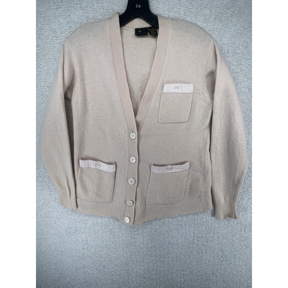 Vintage Lizsport Cardigan Sweater Womens S Cream Lambswool Ribbon Trim 80s 90s